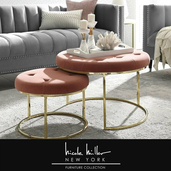 Fine-Line 28 Dia. x 18 in. Posh Living Aaden Velvet Cocktail Coffee Table Ottoman, Blush & Gold - Set of 2 FI3655822